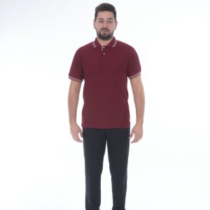 POLO YAKA LAKOST BORDO BEYAZ ŞERİTLİ KISA KOL